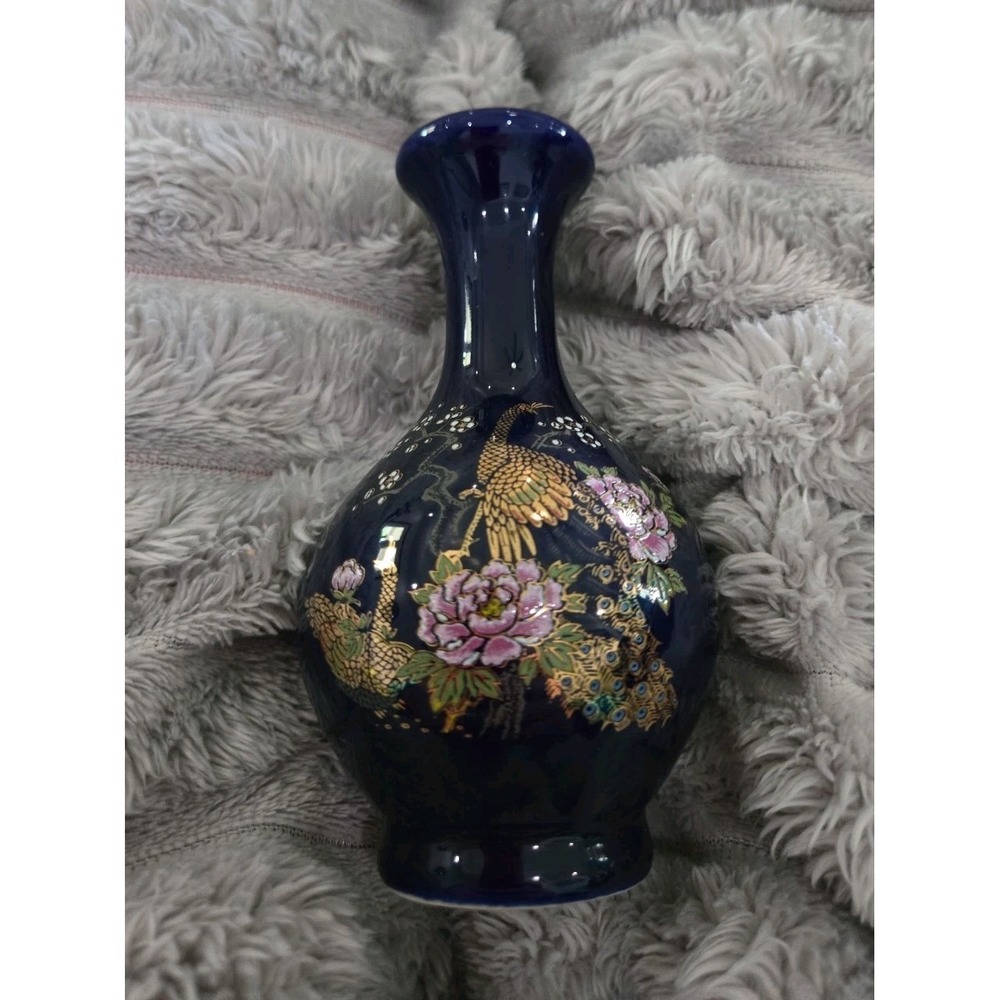 VTG Small Floral Vase 4" /‎ Mini Okumura Cobalt Blue Gold Pheasants & Trim Japan